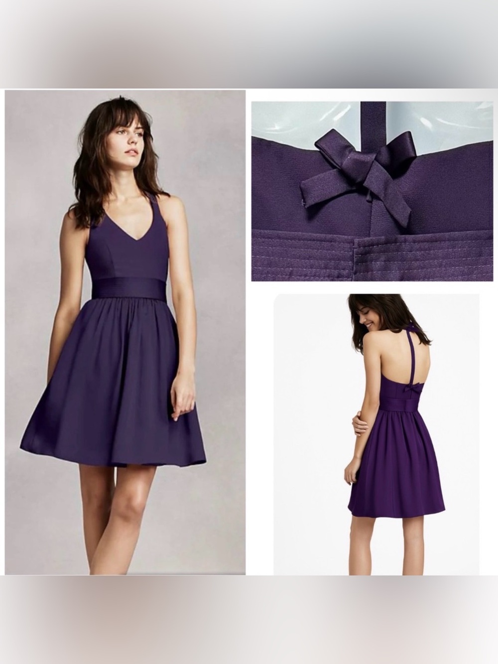NWT- Vera Wang White Short Halter Purple Bow Ties Satin Dress